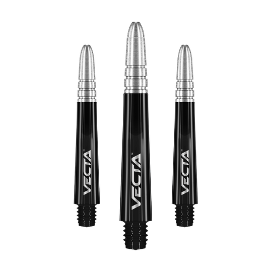 Winmau Vecta Shafts - Schwarz Silber Auf dem Bild sind drei schwarze und silberne Dartschäfte mit der Aufschrift "VECTA" zu sehen. Sie stehen aufrecht und sind unterschiedlich lang.
