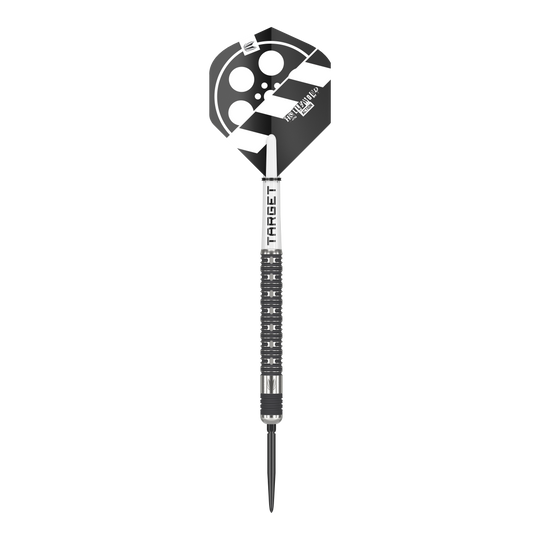 Freccette in acciaio Target Chris Dobey Hollywood Action Swiss Point Das Bild zeigt einen Steeldartpfeil mit dem Namen "Target Chris Dobey Hollywood Action Swiss Point". Der Dart hat ein schwarz-weißes Design mit einem Filmklappen-Motiv auf dem Flight.