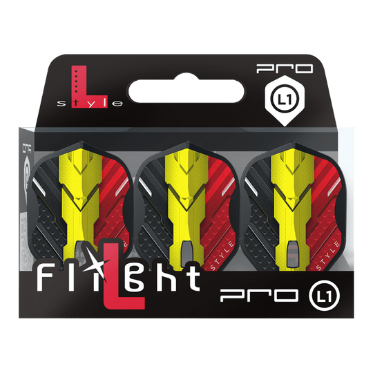 Alette L-Style V-Series V1 Type C Belgium Black L1PRO Das Bild zeigt eine Packung mit drei Dart-Flights der Marke L-Style, Modell V-Series V1 Type C Belgium Black L1PRO. Die Flights haben ein Design in den Farben Schwarz, Rot und Gelb, inspiriert von der belgischen Flagge.