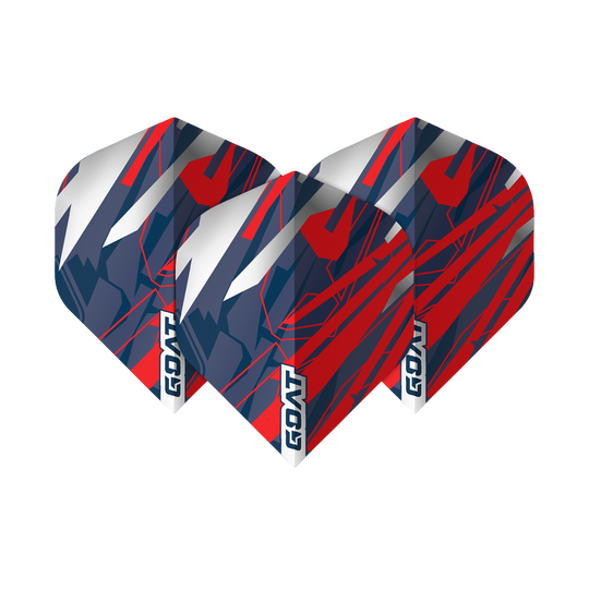 GOAT Homerun No2 Voli Standard Das Bild zeigt drei Dart-Flights des Produkts "GOAT Homerun No2 Standard Flights". Die Flights sind in den Farben Rot, Blau und Weiß gestaltet und mit dem Schriftzug "GOAT" versehen.