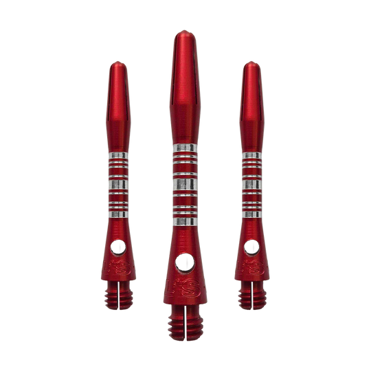 Aste in alluminio Bulls NL Supra - Rosse - 34 mm Dieses Bild zeigt die Bulls NL Supra Aluminium Shafts in Rot, 34 mm lang, als Set. Die Schäfte sind robust und ideal für Dartspieler.