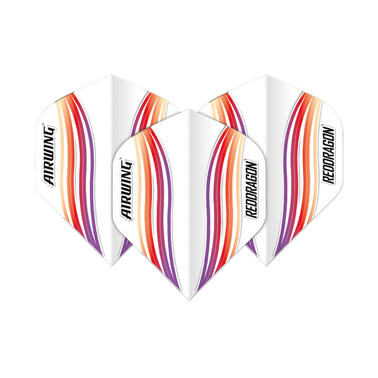 Voli standard Red Dragon Airwing Red Wave Das Bild zeigt drei Dart-Flights mit dem Namen "Red Dragon Airwing Red Wave Standard Flights". Sie sind weiß mit roten, orangen und violetten Wellenlinien und der Aufschrift "AIRWING" und "REDDRAGON".