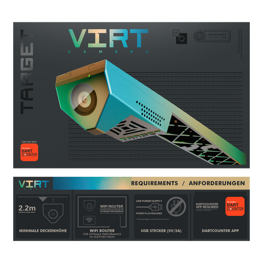 Fotocamera Target VIRT Das Bild zeigt die Produktverpackung der "Target VIRT Kamera", die in einer modernen, grafischen Gestaltung präsentiert wird. Unten sind die Anforderungen aufgeführt, wie eine Mindestdeckenhöhe von 2,2 m, WLAN-Router, USB-Stecker und die DartCounter App.