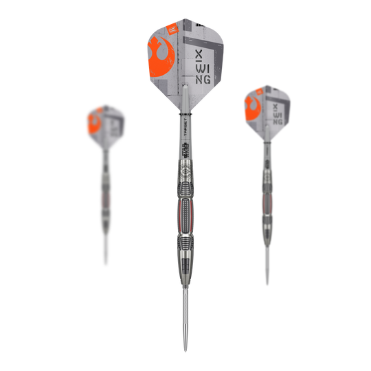 Freccette in acciaio con punta svizzera Target Star Wars X-Wing Auf dem Bild ist ein Set der Target Star Wars X-Wing Swiss Point Steeldarts zu sehen. Die Darts zeichnen sich durch ein besonderes Star Wars Design aus.