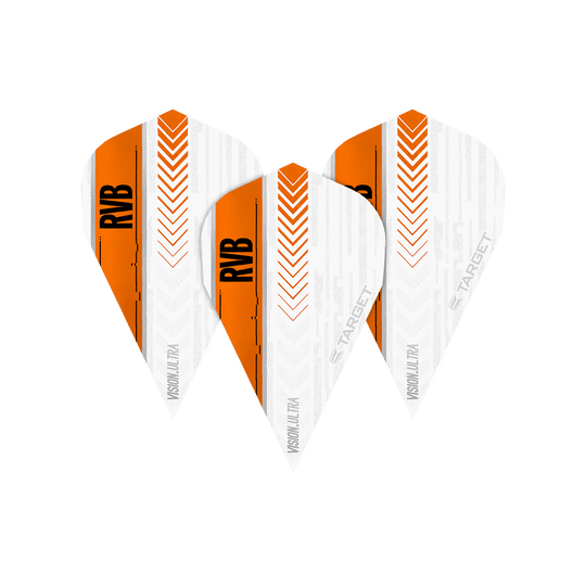 TG59_332040_Target_Vision_Ultra_RvB_Orange_Vapor_Flights_1l8L5tT6tbNJVz Das Bild zeigt drei Target Vision Ultra RvB Orange Vapor Flights. Die Flights sind überwiegend weiß mit einem orangefarbenen Streifen und der Aufschrift "RVB".
