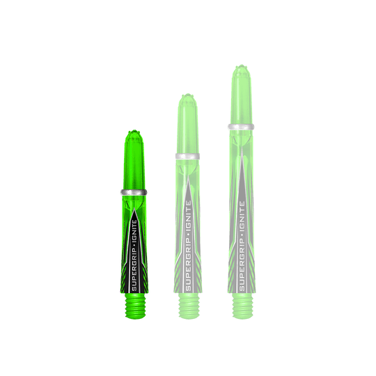 HR389_Harrows_Supergrip_Ignite_Shafts_Gr-n_33mm_1iTUVQXwgaZq29 Das Bild zeigt drei grüne Harrows Supergrip Ignite Shafts in unterschiedlichen Längen. Sie sind transparent und haben ein modernes, schwarz-grünes Design mit der Aufschrift "Supergrip Ignite".