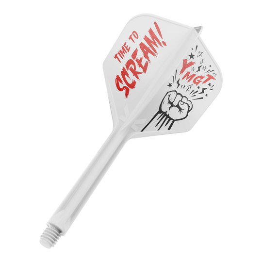 Sistema di albero di volo Target Japan K-Flex Scream No6 Auf dem Bild ist ein weißes Dartflight mit einem dazugehörigen Schaft zu sehen. Auf dem Flight steht in roten Buchstaben "TIME TO SCREAM!" und daneben ist eine Faust mit Sternen abgebildet.