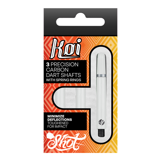 Shot Koi Carbon Shafts - Bianco Die Verpackung zeigt drei präzise Carbon-Dartschäfte mit Sprengringen der Marke Koi. Sie sind darauf ausgelegt, Ablenkungen zu minimieren und für eine hohe Schlagfestigkeit verstärkt.
