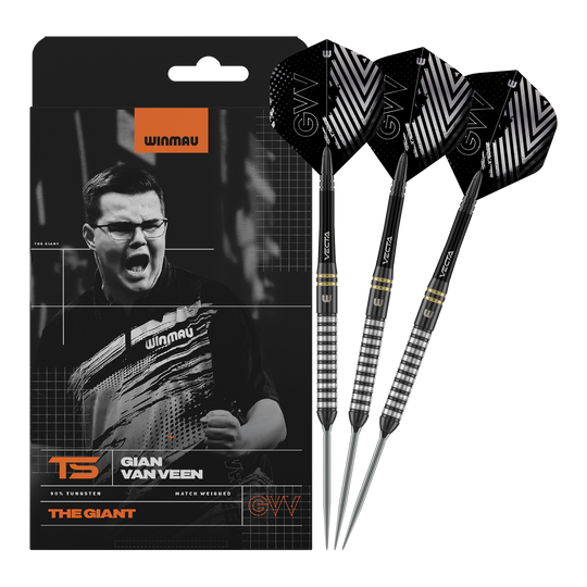 Freccette in acciaio Winmau Gian Van Veen TS Switch Point Abgebildet ist Winmau Gian Van Veen TS Switch Point Steeldarts. Die Darts sind vollständig nebeneinander dargestellt.