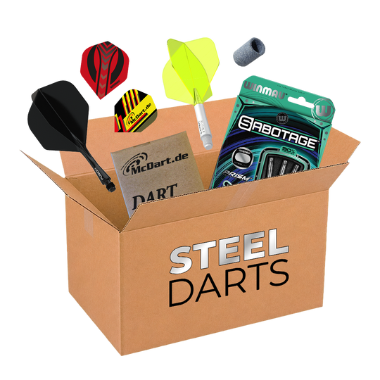 Scatola misteriosa McDart - Steeldarts Auf dem Bild befindet sich die McDart Mystery-Box - Steeldarts. Die Box beinhaltet verschiedene Steeldarts und Zubehör.