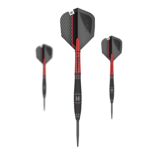 Freccette in acciaio Target Scope 03 Swiss Point Das Bild zeigt drei Steeldarts des Produkts "Target Scope 03 Swiss Point". Die Darts sind schwarz und rot gestaltet und haben ein modernes, sportliches Design.