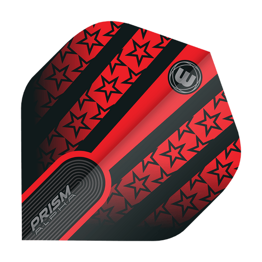 6915-178_Winmau_Prism_Alpha_6915-178_Standard_Flights_15PyRQzQKJT1zv Das Bild zeigt das Produkt "Winmau Prism Alpha 6915.178 Standard Flights". Das Design ist überwiegend rot und schwarz mit auffälligen Sternmustern und dem Prism Alpha-Logo.