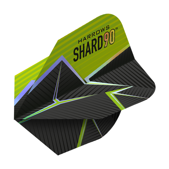 Voli Harrows Prime Shard No6 Das Bild zeigt das Produkt "Harrows Prime Shard No6 Flights". Die Flights haben ein modernes Design in Schwarz mit grünen und gelben Akzenten sowie geometrischen Mustern.