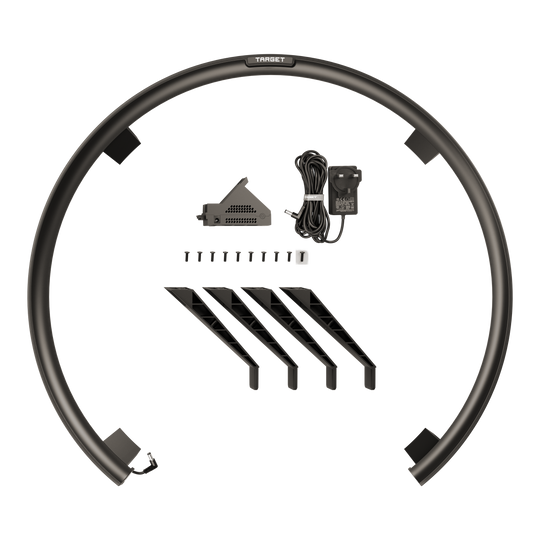 Sistema di punteggio automatico Target OMNI Das Bild zeigt das Produkt "Target OMNI Auto-Scoring-System" mit allen enthaltenen Komponenten. Zu sehen sind ein großer Ring, Halterungen, Schrauben, ein Netzteil und weiteres Zubehör.