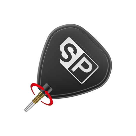 Target Swiss Point Nano Dart Tips - Oro Das Bild zeigt eine schwarze Dart-Flight mit der weißen Aufschrift "SP". Unten ist eine goldfarbene Dartspitze mit silberner Spitze zu sehen.