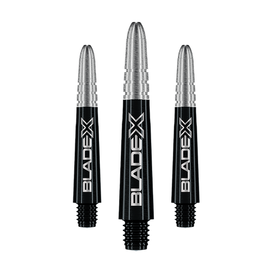 Winmau Vecta Blade X Shafts - Nero Gezeigt wird ein Set schwarzer Dartshafts mit der Bezeichnung Winmau Vecta Blade X, 34 mm. Das Set ist für Dartspieler geeignet.