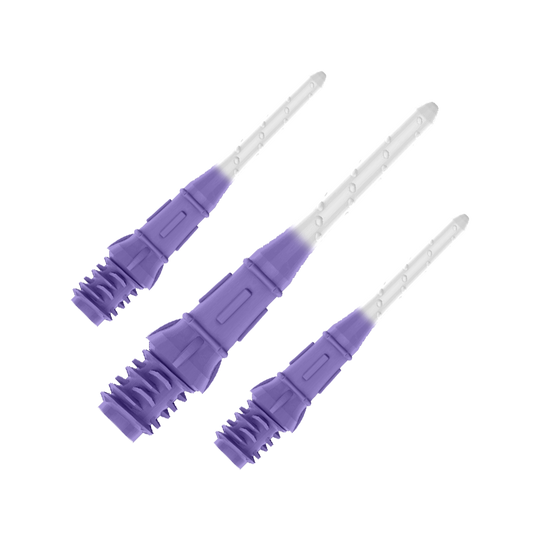 L-Style Premium Two Tone Lippoints (confezione da 30) Das Bild zeigt drei lilafarbene Dartspitzen, die nebeneinander angeordnet sind. Die Spitzen haben einen Farbverlauf von Lila zu Weiß.