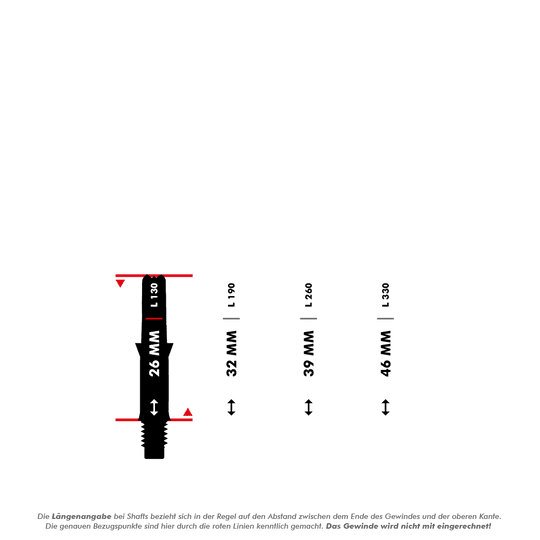 Das Bild zeigt verschiedene Längen von L-Style L-Shafts ohne Kappen, beginnend bei 26 mm. Die Längenangaben beziehen sich auf den Abstand zwischen dem Gewindeende und der oberen Kante, das Gewinde selbst wird nicht mitgerechnet.