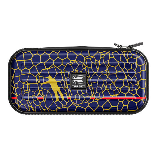 Custodia per freccette Target Takoma Josh Rock Das Bild zeigt ein Dartcase namens "Target Takoma Josh Rock Dartcase". Das Etui hat ein blaues Muster mit gelben Linien und einem gelben Dartspieler sowie dem Target-Logo in der Mitte.
