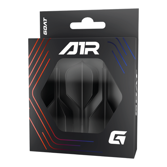 Sistema di alberi di volo GOAT A1R No6 - Nero Die Abbildung zeigt die Verpackung des Produkts „GOAT A1R No6 Flight-Shaft-System - Schwarz“. In der schwarzen Schachtel sind Flights und Shafts für Dartpfeile sichtbar.
