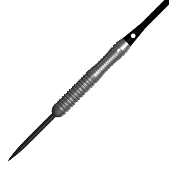 Freccette in acciaio Bulls NL Lightning Pink Das Bild zeigt einen silbernen Steeldartpfeil mit einem geriffelten Griff. Es handelt sich um das Produkt "Bulls NL Lightning Pink Steeldarts".