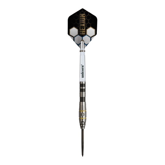 Freccette in acciaio Unicorn Hexium Style 01 nere e oro Dieses Bild zeigt die Unicorn Hexium Style 01 Black & Gold Steeldarts. Die Steeldarts sind in den Farben Schwarz und Gold gestaltet.