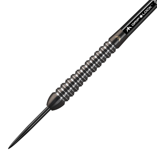 Freccette in acciaio Mission Spiro modello 2 - 22 g Dies ist ein Mission Spiro Model 2 Steeldart mit einem Gewicht von 22 Gramm. Der Dart hat ein silbernes, gerilltes Barrel und eine schwarze Grip-Lock-Schäfte.