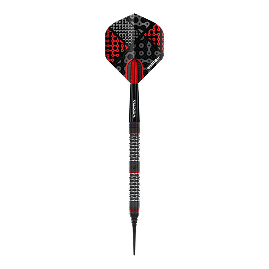 Freccette morbide Winmau Cypher - 20 g Das Bild zeigt einen Winmau Cypher Softdart mit einem Gewicht von 20 Gramm. Der Dart hat ein modernes Design in Schwarz, Rot und Silber.