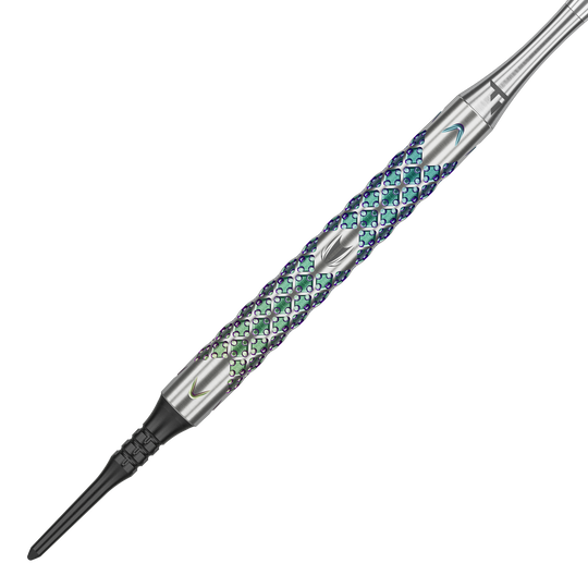 Target Rove 10 freccette morbide Das Bild zeigt einen Target Rove 10 Softdart mit einem metallischen, bunt schimmernden Griff. Das Design weist eine strukturierte Oberfläche mit feinen Mustern auf.
