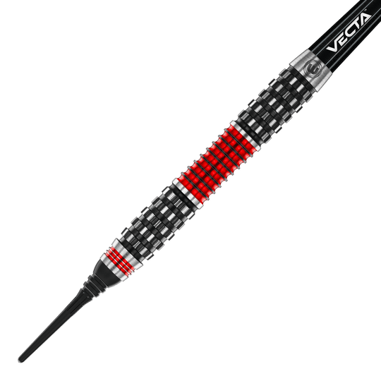 Freccette morbide Winmau Joe Cullen Rockstar Series RS1 - 20 g Dies ist ein Softdart aus der Winmau Joe Cullen Rockstar Series RS1 mit einem Gewicht von 20g. Der Dart hat ein auffälliges Design mit schwarzen, silbernen und roten Ringen am Barrel.