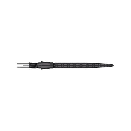 Punte per freccette Target Swiss Storm Diamond Point - Nere Auf dem Bild ist eine schwarze Dartspitze mit diamantförmigem Muster zu sehen. Sie ist lang und hat ein präzises, spitzes Ende.