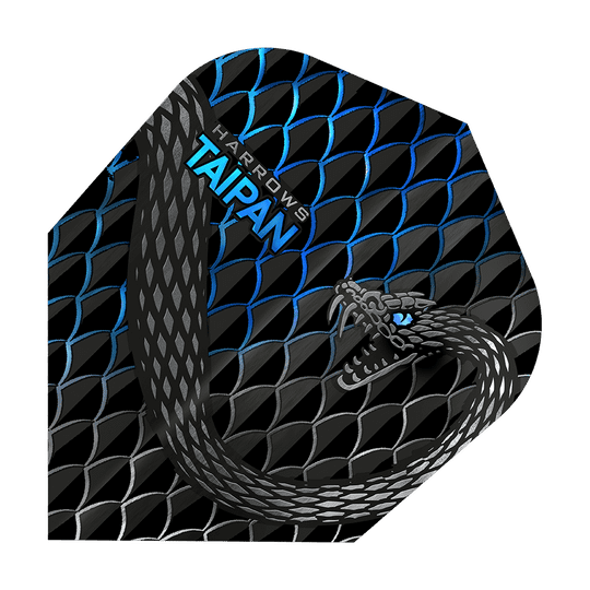 HR26_Harrows_Taipan_Aqua_Standard_Flights_1 Das Bild zeigt das Produkt "Harrows Taipan Standard Flights". Auf dem Flight ist eine schwarze Schlange mit blauen Akzenten und einem schuppigen Muster abgebildet.