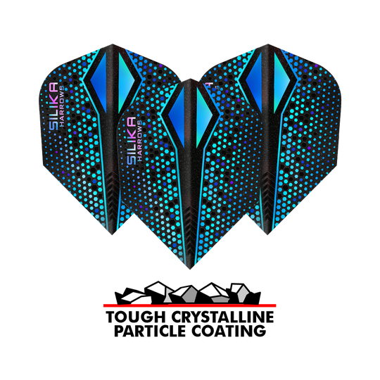Harrows Silika Colorshift Rivestimento cristallino resistente Blue-X No6 Alette Das Bild zeigt drei blaue Harrows Silika Colourshift Tough Crystalline Coating Blue-X No6 Flights. Darunter steht der Schriftzug "Tough Crystalline Particle Coating" mit einer Grafik von Kristallteilchen.