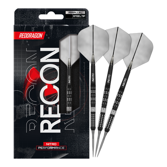 Dardi d'acciaio paralleli Red Dragon Recon Auf diesem Bild erkennt man die Red Dragon Recon Parallel Steeldarts in voller Länge. Diese Darts sind für eine gleichmäßige Wurfbalance bekannt.