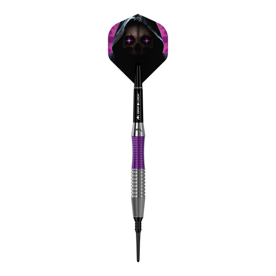 Freccette morbide Mission Phantom Brass - 18 g Der Mission Phantom Brass Softdart - 18g hat ein markantes Design mit lila und silbernem Griff. Das Dartflight zeigt ein gruseliges Totenkopf-Motiv mit violetten Augen und Kapuze.