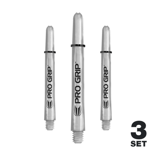 Target Pro Grip Shafts - 3 set - Trasparente Das Bild zeigt drei transparente "Pro Grip" Shafts für Dartpfeile. In der rechten unteren Ecke steht "3 Set".