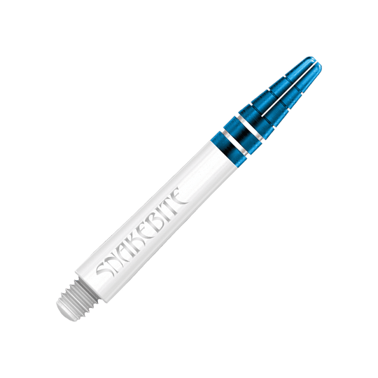 C802_Red_Dragon_Nitrotech_Peter_Wright_White_Blue_Shafts_39mm_2 Das Bild zeigt einen Red Dragon Nitrotech Peter Wright Blue Shaft mit einer Länge von 39 mm. Der Schaft ist weiß mit blauen Metallringen und trägt die Aufschrift "SNAKEBITE".