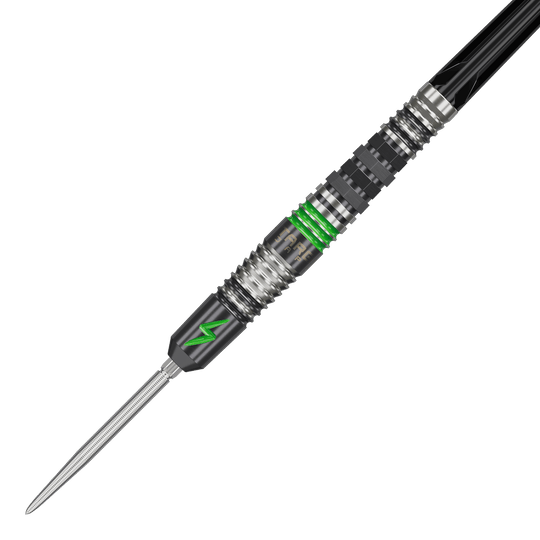 Freccette in acciaio Target Japan Black Marque Lightning 3 SP Das Bild zeigt einen Target Japan Black Marque Lightning 3 SP Steeldart. Der Dartpfeil hat ein modernes Design mit schwarzen und silbernen Elementen sowie auffälligen grünen Akzenten.
