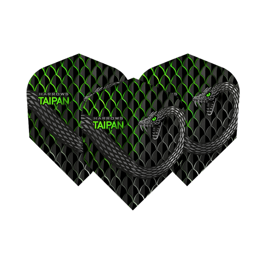 HR28_Harrows_Taipan_Gr-n_Standard_Flights_1uqtlsG5U8TtXh Das Bild zeigt drei Harrows Taipan Standard Flights mit einem schwarzen und grünen Schuppendesign. Auf den Flights ist eine stilisierte Schlange sowie der Schriftzug "Harrows Taipan" zu sehen.