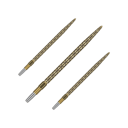 Punte per freccette Target Swiss Diamond Pro Gold Das Bild zeigt drei goldfarbene Dartspitzen mit einem diamantähnlichen Muster. Die Spitzen sind schlank und haben eine silberne Befestigung am unteren Ende.