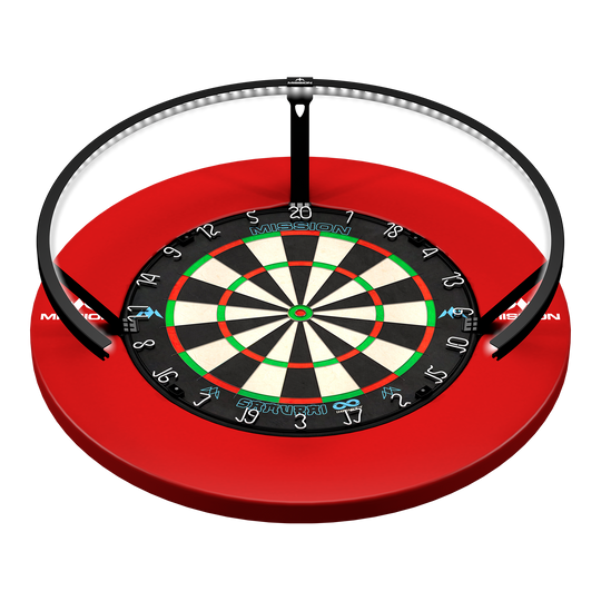 Illuminazione per bersaglio a LED Mission Torus 270 - Nero Abgebildet ist die Mission Torus 270 LED Dartboard Beleuchtung in Schwarz. Die Beleuchtung sorgt für optimale Ausleuchtung des Dartboards.
