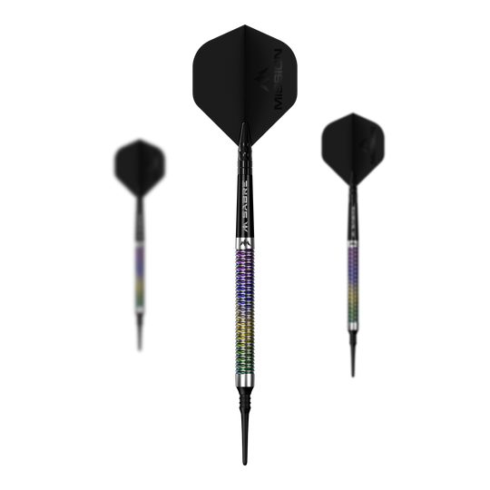 Freccette morbide Mission Kaleidos - 19 g Mission Kaleidos Softdarts - 19g wird als Set auf dem Bild präsentiert. Mehrere Softdarts sind nebeneinander angeordnet.