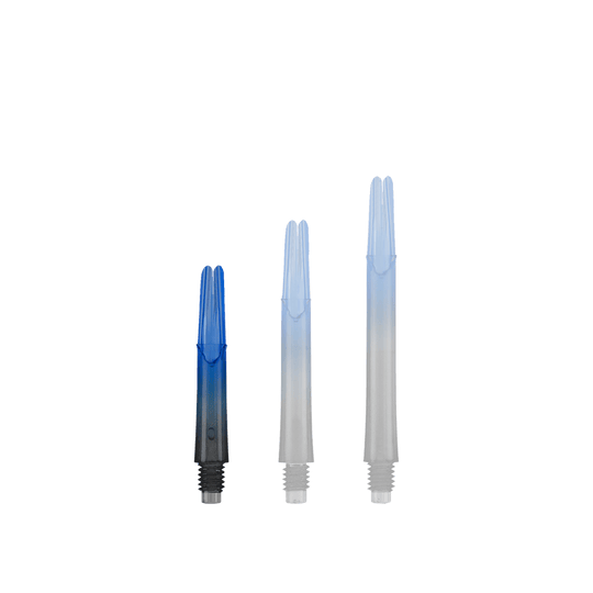 L-L-Style-Shaft Bloccato Dritto Natural9 TwoTone Shafts - Blu Das Bild zeigt drei unterschiedlich lange Dartschäfte in Blau und Schwarz. Sie stehen nebeneinander und haben ein gerades Design ohne Kappen.