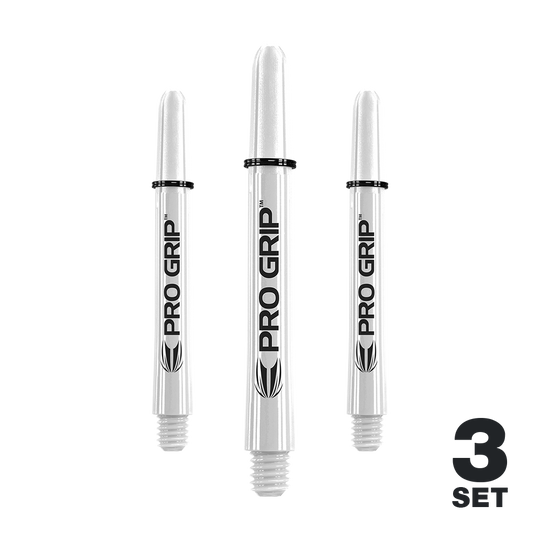 Target Pro Grip Shafts - 3 set - Bianco Das Bild zeigt drei weiße Pro Grip Shafts für Darts. Unten rechts steht "3 SET", was auf ein Set mit drei Stück hinweist.