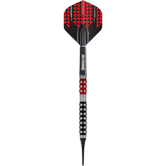 RD2549_Red_Dragon_Crossfire_Softdarts_13GlJcfW6o0nZZ Das Bild zeigt einen Red Dragon Crossfire Softdart mit einem Gewicht von 20 Gramm. Der Dart hat ein auffälliges Design mit roten und schwarzen Mustern am Schaft und an den Flights.