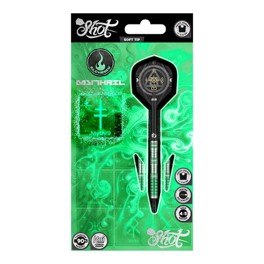 Freccette morbide Shot Alchemy Mythril - 20 g Das Bild zeigt die Shot Alchemy Mythril Softdarts mit einem Gewicht von 20g. Hier sieht man das Produkt aus einer bestimmten Perspektive.