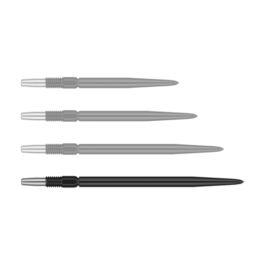 Punte per freccette Target Swiss Point Black Das Bild zeigt vier schwarze Dartspitzen mit silbernem Gewinde. Sie sind nebeneinander ausgerichtet und identisch in Form und Größe.