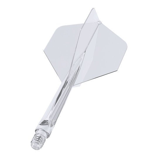 Unicorn Forge All In One Plus No2 Standard Flights Trasparente - Medio Das Bild zeigt einen klaren, mittelgroßen Dartaufsatz des Modells "Unicorn Forge All In One Plus No2 Standard Flights". Die Flight- und Schaftteile sind transparent und bilden ein einteiliges Design.