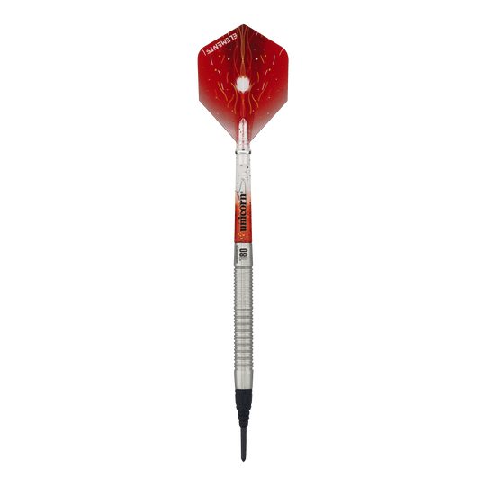 Freccette morbide Unicorn Core XL Striker Style 1 - 19 g Auf dem Bild ist ein Softdart der Marke Unicorn Core XL Striker Style 1 mit einem Gewicht von 19g zu sehen. Die Flights sind rot mit einem weißen Muster, und der Schaft ist silbern.