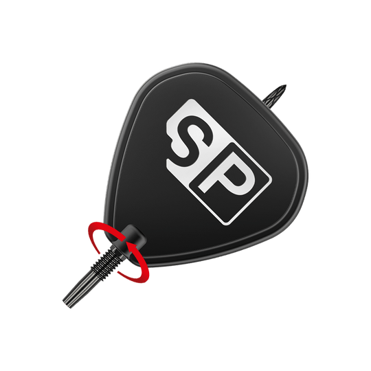 Punte per freccette Target Swiss DS Surge Point - Nere Das Bild zeigt eine schwarze Dartspitze mit der Aufschrift „SP“. Ein roter Pfeil deutet auf das Gewinde hin und zeigt, dass die Spitze eingeschraubt werden kann.